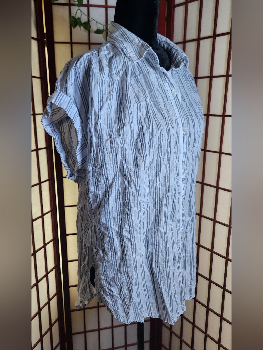 a.n.a Blue & White Striped Short-Sleeve Button-Up Shirt